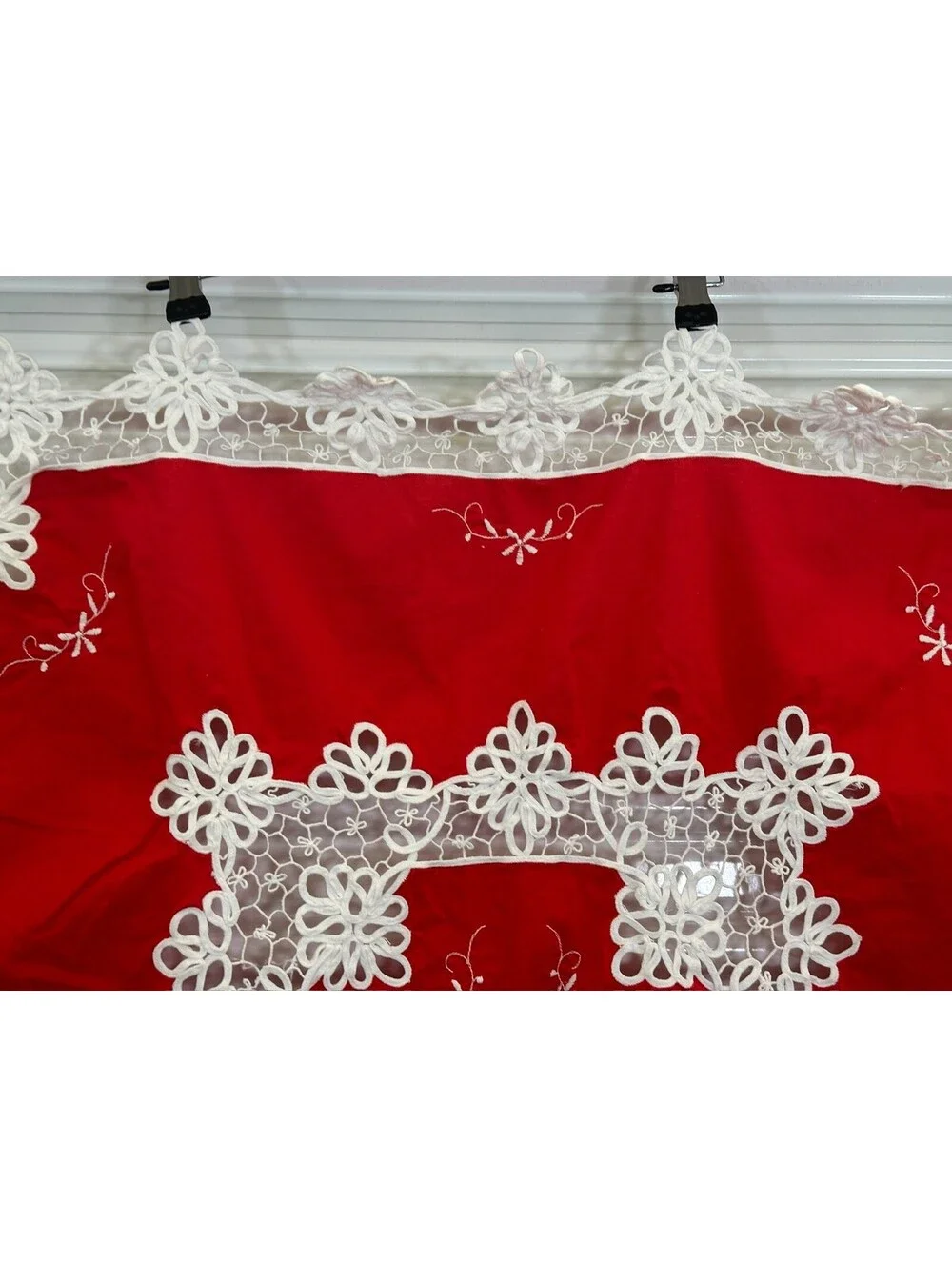 Vintage Cutwork Tablecloth Card Table Topper Floral Red White Embroidery Machine